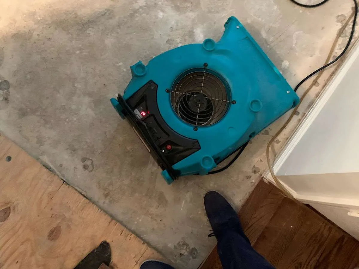 Air mover drying subfloor during Commercial Water Damage Restoration in Parsons
